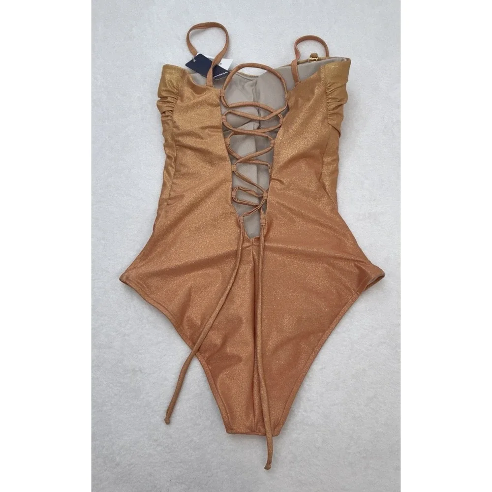 LEONISA Womens Medium Shimmer One Piece Swimsuit Lace Up Back Gold Bronze NWT